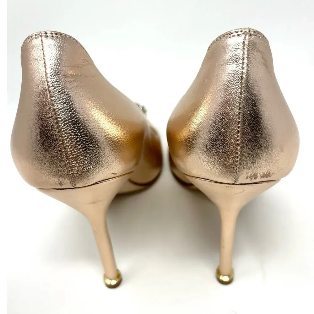 Manolo Blahnik Hangisi Rose Gold Metallic Leather Crystal Buckle Pump Heel EU 37 - Picture 7 of 14